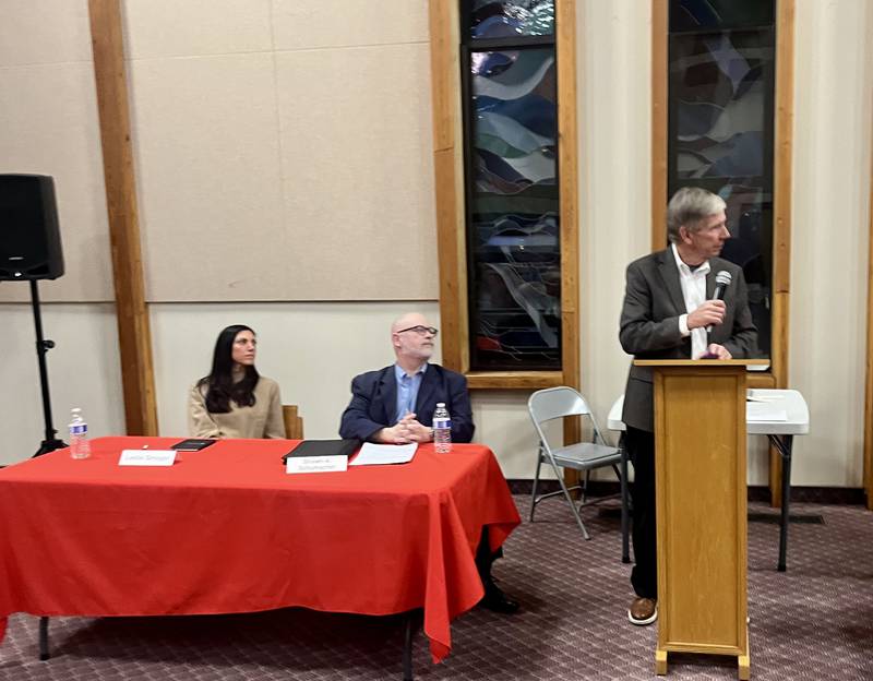 Incumbents Leslie Smogor and Shawn Schumacher are running unopposed for their seats on the Yorkville 115 board. Pictured, the candidates speak at a candidate forum at Congregational United Church of Christ in Yorkville on Feb. 27, 2025.