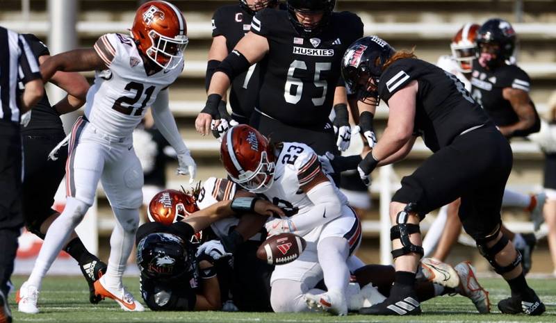 BGSU forces a fumble on a sack against Northern Illinois on Saturday in Bowling Green.