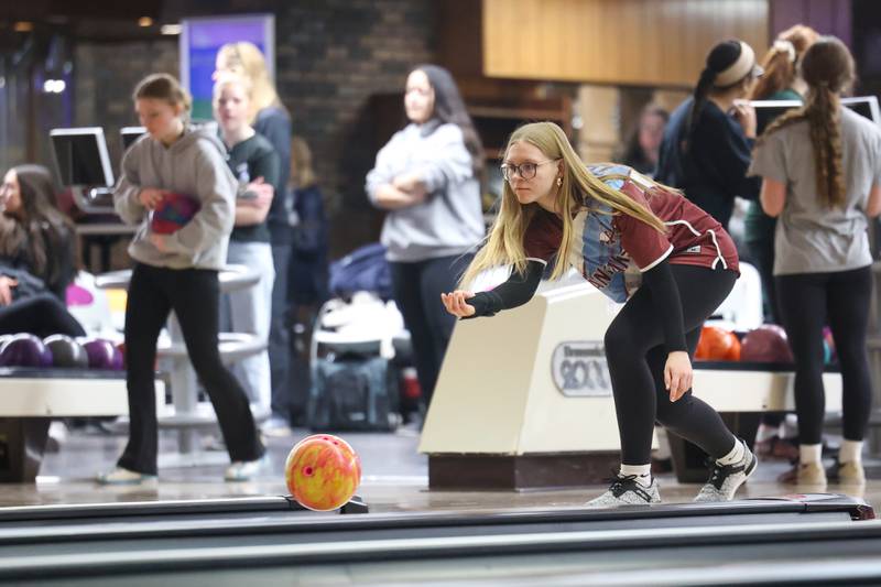 Kankakee's Madyson Jarvis releases her throw during the Kays' second place finish behind Bradley-Bourbonnais in the All-Area matchup against the Boilermakers, Bishop McNamara and Peotone on Wednesday, Feb. 4, 2026.