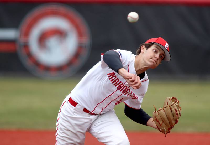Barrington’s Jordan Wegehaupt delivers against Huntley in varsity baseball at Barrington Saturday.