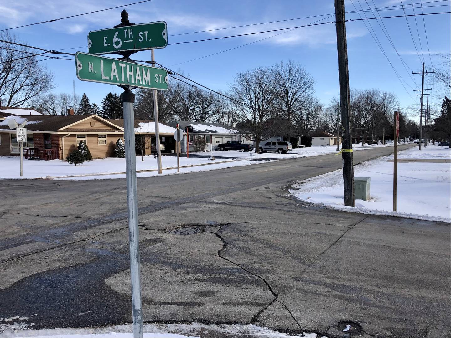 Damage at intersection of Latham St. and 6th St. (David Petesch - dpetesch@shawmedia.com)