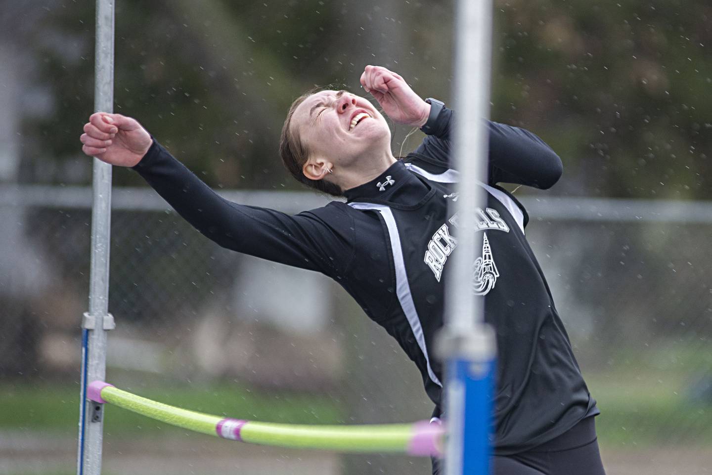 Rock Falls' Mallory Pinske competes in the high jump Friday, April 29, 2022 at the Sterling Night Relays.