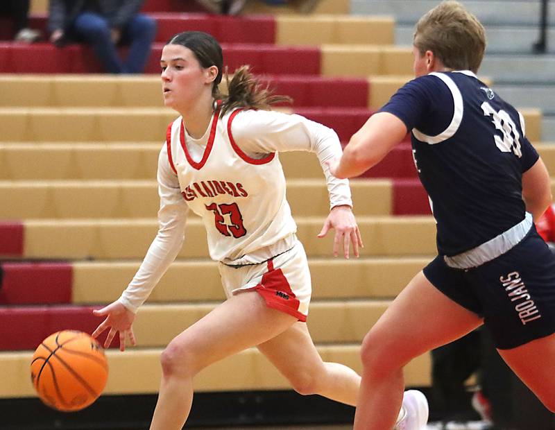 Huntley’s Aubrina Adamik moves the ball against Cary-Grove in varsity girls basketball on Monday, Feb. 2, 2026, at Huntley High School in Huntley.