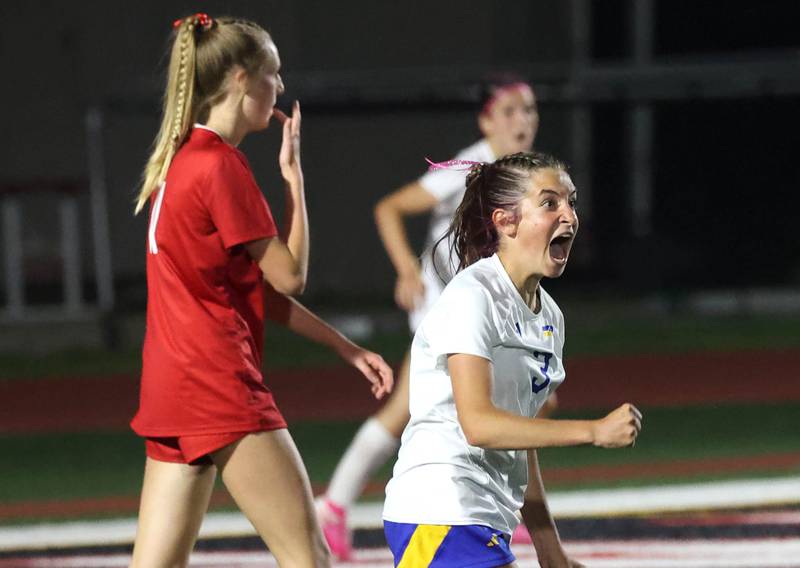 Johnsburg's Charlie Eastland reacts after scoring the go-ahead goal to put them up 2-1 over Timothy Christian with less than a minute left in the game Thursday, June 5, 2025, during their IHSA Class 1A state semifinal game at North Central College in Naperville.