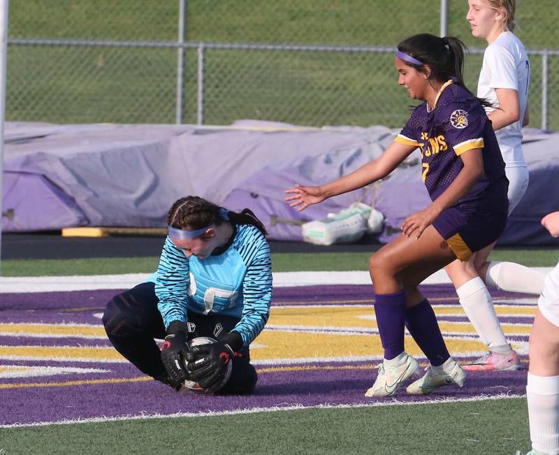 Princeton's keeper Maddie Oertel stops a shot from Mendota's Crystal Garcia during the Class 1A Regional semifinal game on Tuesday, May 9, 2023 at Mendota High School.