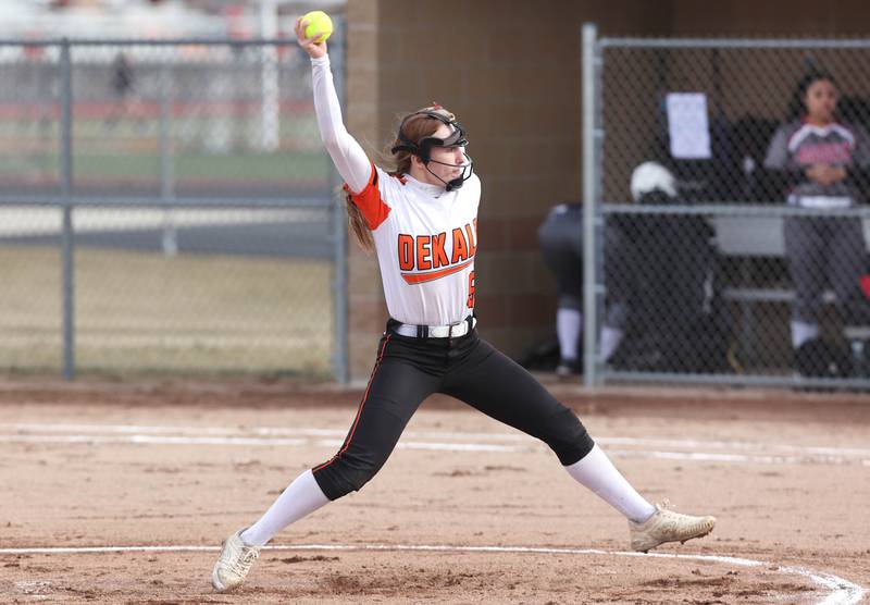 DeKalb’s Ayla Gould delivers a pitch during their game against Rockford Auburn Wednesday, March 15, 2023, at DeKalb High School.