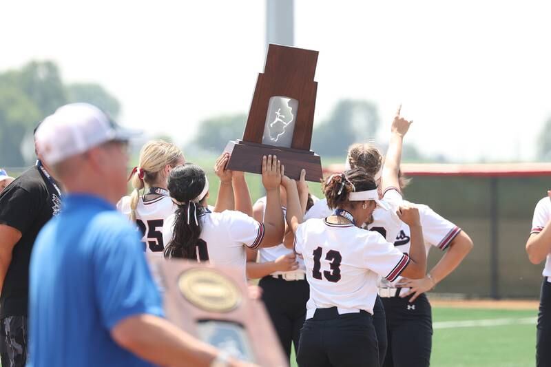 Antioch’s third baseman throw to first for the out against Lemont in the Class 3A state championship game on Saturday, June 10, 2023 in Peoria.