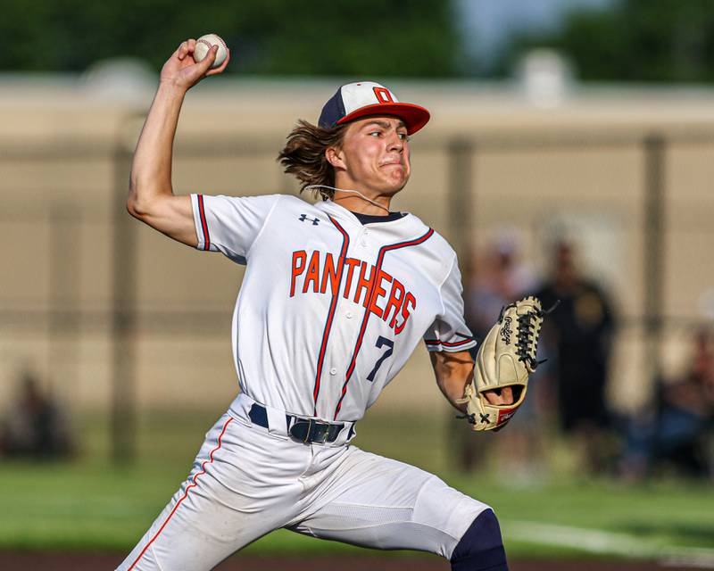 Oswego's Dylan McGee (7) pitches during Class 4A Romeoville Sectional semifinal game between Plainfield North at Oswego.  June 1, 2023.
