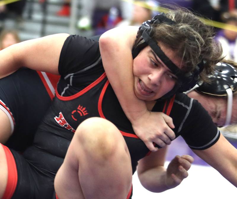 Huntley’s Grecia Garcia, front, battles Grant’s Abby Quirk at 135 pounds in varsity girls IHSA Regional Championship wrestling action on Saturday, February 7, 2026, at Hampshire High School in Hampshire.
