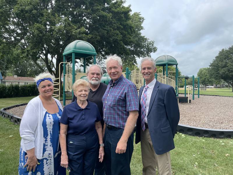 Grand Ridge officials (from left) Kim Olney, Mayor Kay Hines and John Hettel were joined recently by Starved Rock Country Community Foundation Board President Reed Wilson and CEO Fran Brolley at Grand Ridge Park.