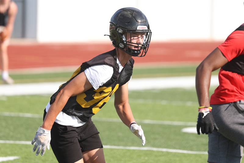 Joliet West cornerback Carson Trax follows a receiver at the Morris 7 on 7 scrimmage. Tuesday, July 19, 2022 in Morris.