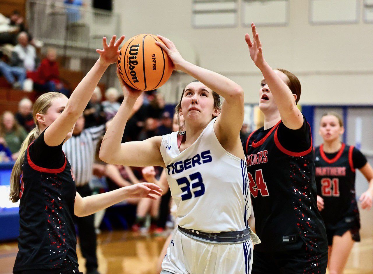 Princeton freshman Krishlyn. Lanham post up against E-P in her first varsity Tuesday night at Prouty Gym. The visiting Panthers won 51-40.