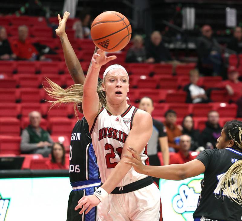 Northern Illinois' Tara Stauffacher passes the ball out of an Eastern Illinois double team during their game Monday, Dec. 18, 2023, at the Convocation Center at NIU in DeKalb.