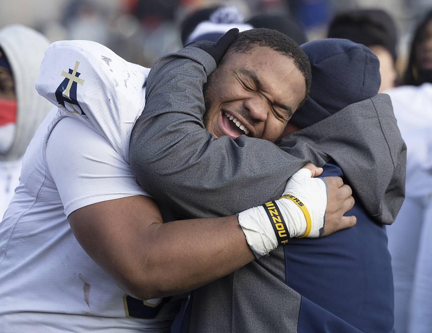 Althoff Catholic’s Jason Dowell celebrates the team’s 52-14 win over Lena-Winslow Friday, Nov. 29, 2024, in the class 1A football state final.