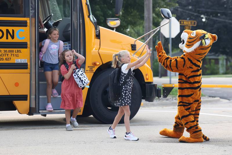 Herscher Intermediate School student Teagan Down high fives the Tigers mascot upon arriving for her first day of third grade on Tuesday, Aug. 19, 2025.