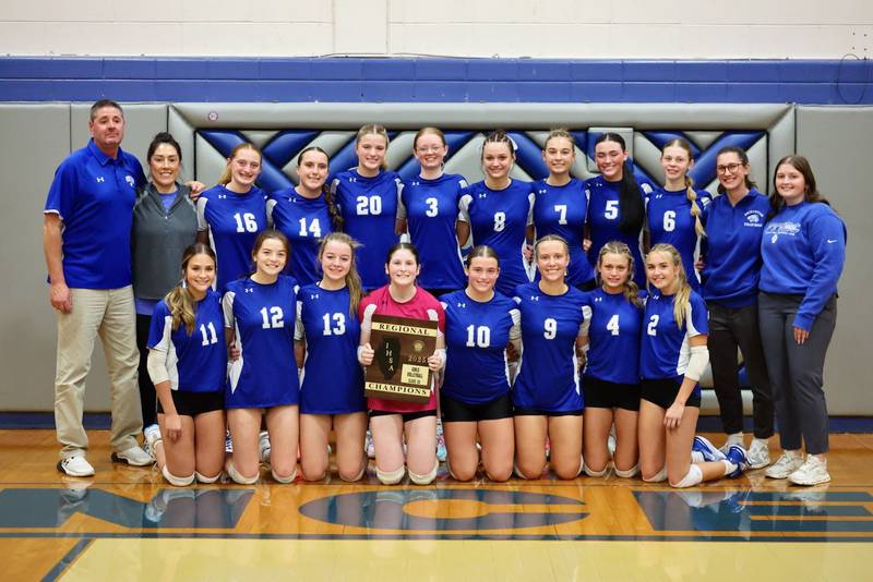 The Princeton Tigresses celebrate their regional championship victory at Prouty Gym Thursday night. The title is the 20th in program history, the first since 2021.