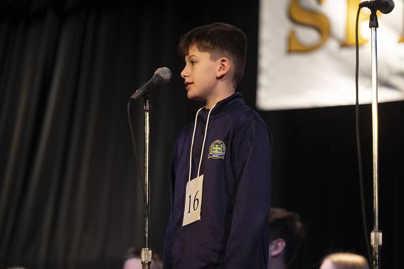Owen Fiessinger of St. Anne Elementary School competes Thursday, Feb. 19, 2026, during the Lee-Ogle-Whiteside County Regional Spelling Bee. Fiessinger missed in round 2 on the word scrutiny.