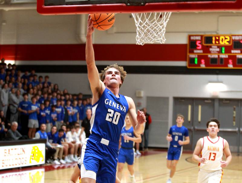 Geneva’s Jack Hatton gets a shot up during a game against Batavia on Friday, Dec. 20, 2024 in Batavia