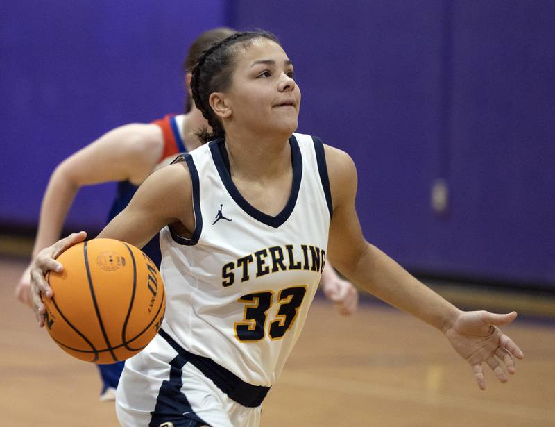 Sterling’s Joslynn James drives to the hoop against Eastland Thursday, Dec. 26, 2024, during the Dixon Girls Holiday Basketball Tournament.