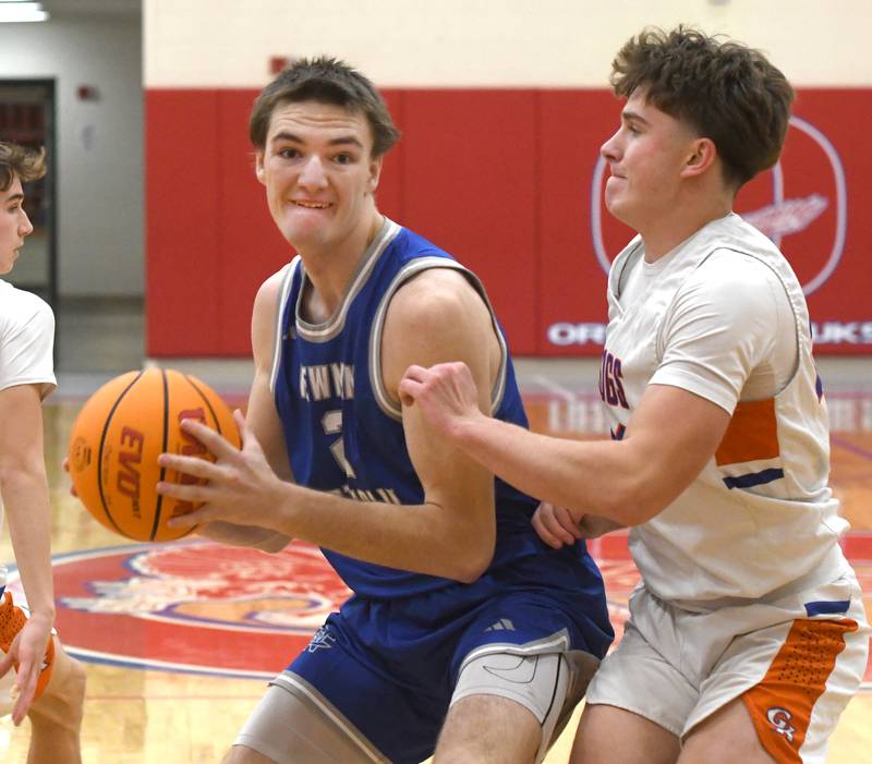 Sterling Newman's Asher Ernst makes a move to the basket against Geona-Kingston at the Oregon Boys Basketball Thanksgiving Tournament on Wednesday, Nov. 26, 2025 at Oregon High School.