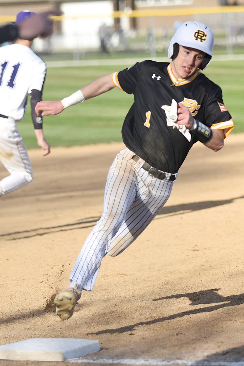 Reed-Custer's Joe Bembenek rounds third and heads for home during a game at Manteno Monday, April 14, 2025.