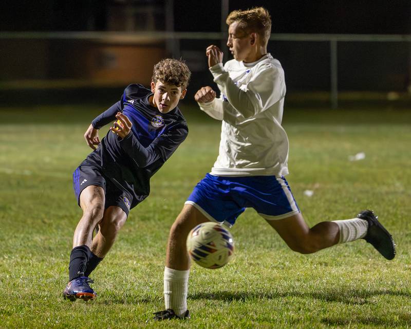 Landon Mccroskey (5) of Somonauk/Leland/Newark punts ball to teammate during the Little Ten Conference Championship match on Thursday, Oct. 9, 2025 at Hinckley-Big Rock School in Hinckley.