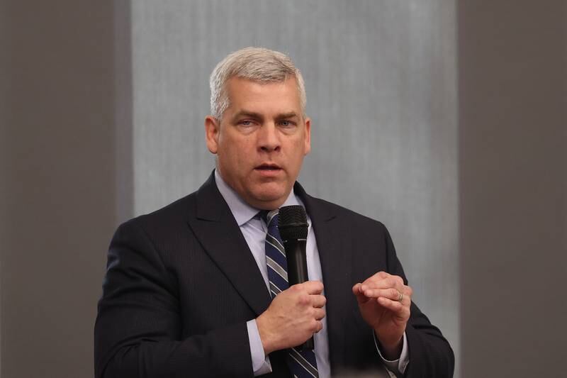 Joliet mayor Bob O’Dekirk answers a question at a forum for the candidates at the Joliet Public Library on Tuesday, March 28th, 2023 in Joliet.