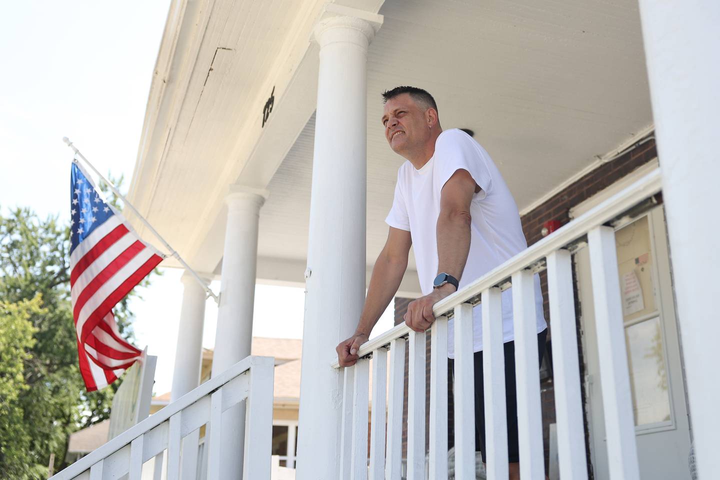 Matthew Celmer, who serve two tours in Iraq, poses for a photo outside the Joliet location for the Family and Friends Homeless Veterans Program on Wednesday, July 31, 2024 in Joliet.