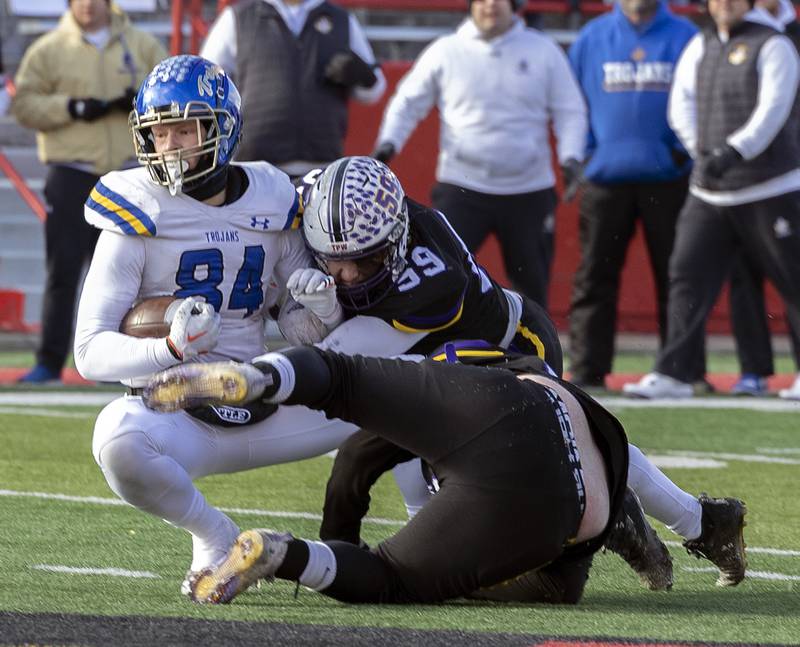 Maroa-Forsyth's Grant Smith hauls in a pass against Maroa-Forsyth Friday, Nov. 29, 2024, in the class 2A football state final.
