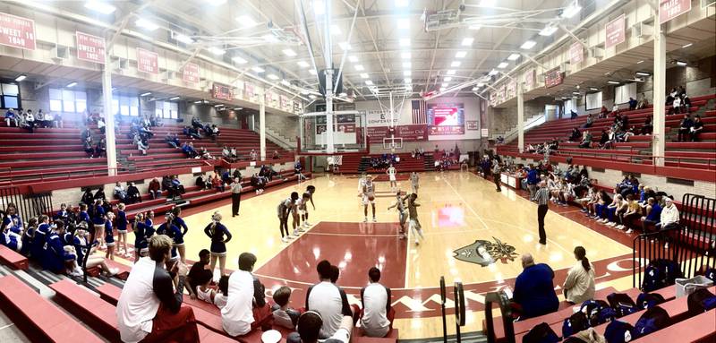 A wide-angle view of Kingman Gymnasium at Ottawa High School's captures the ambience of the venue voted the "Best Gym" in Illinois.