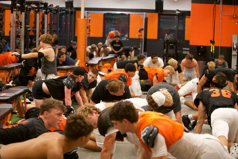 St Charles East's Varsity Football practice was forced inside to the weight room due to severe weather on Monday, Aug.18,2025 in St. Charles.