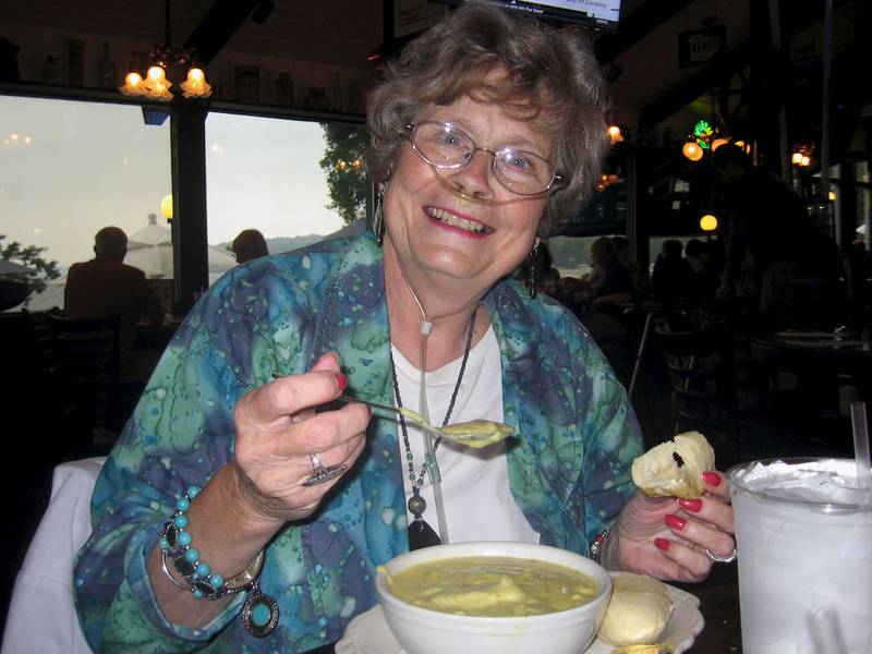 Ann Taylor of Plainfield at Popeyes restaurant in Lake Geneva, Wisconsin, in late summer of 2013, enjoying a bowl of the restaurant's cream of broccoli soup.