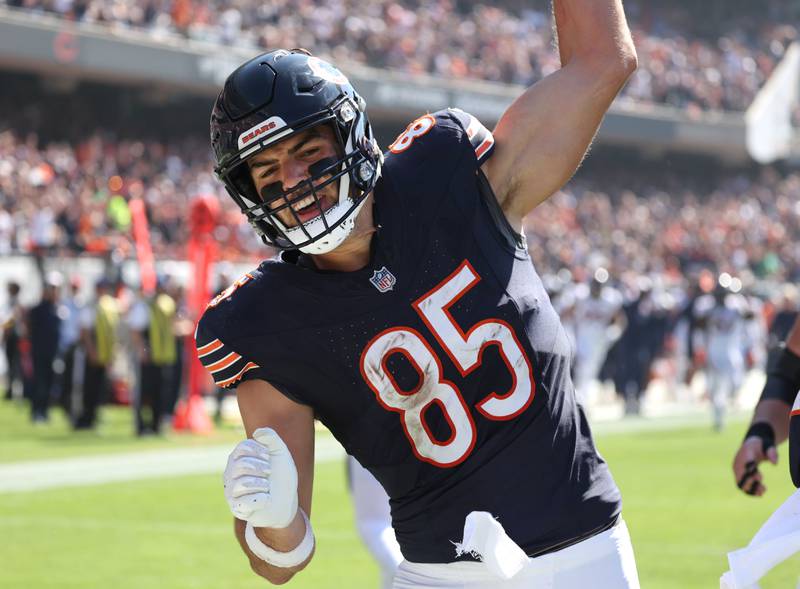 Chicago Bears tight end Cole Kmet celebrates his second receiving touchdown of the first half during their game against the Denver Broncos Sunday, Oct. 1, 2023, at Soldier Field in Chicago.