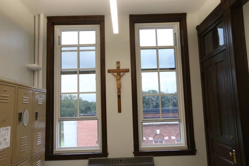 New windows can be seen at the end of a hallway on Friday, Oct. 6, 2023 at St. Bede Academy.