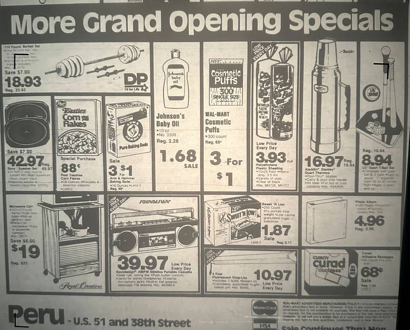 A view of the grand-opening specials from the Wal-Mart ad when the store first opened on Tuesday, April 1, 1986 in Peru.