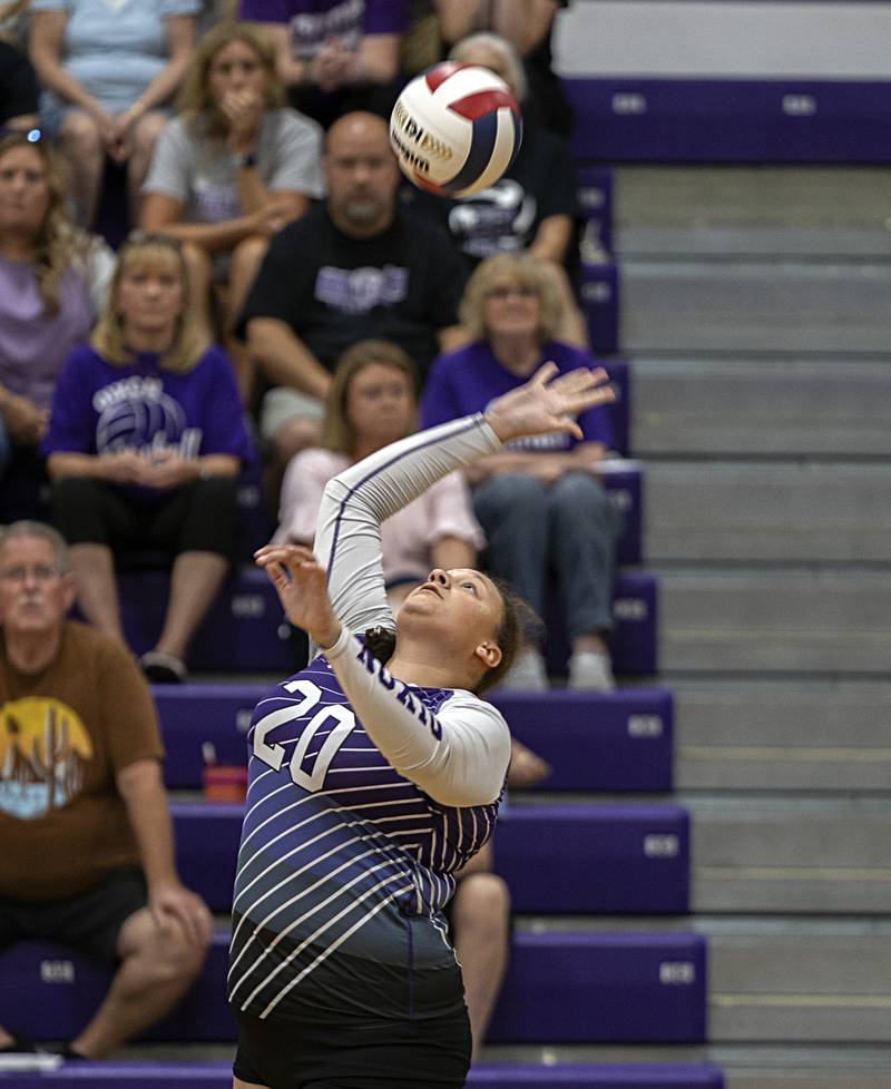 Dixon’s Olivia Cox plays the ball over the net against DeKalb Tuesday, Sept. 5, 2023 in a game at Dixon High School.