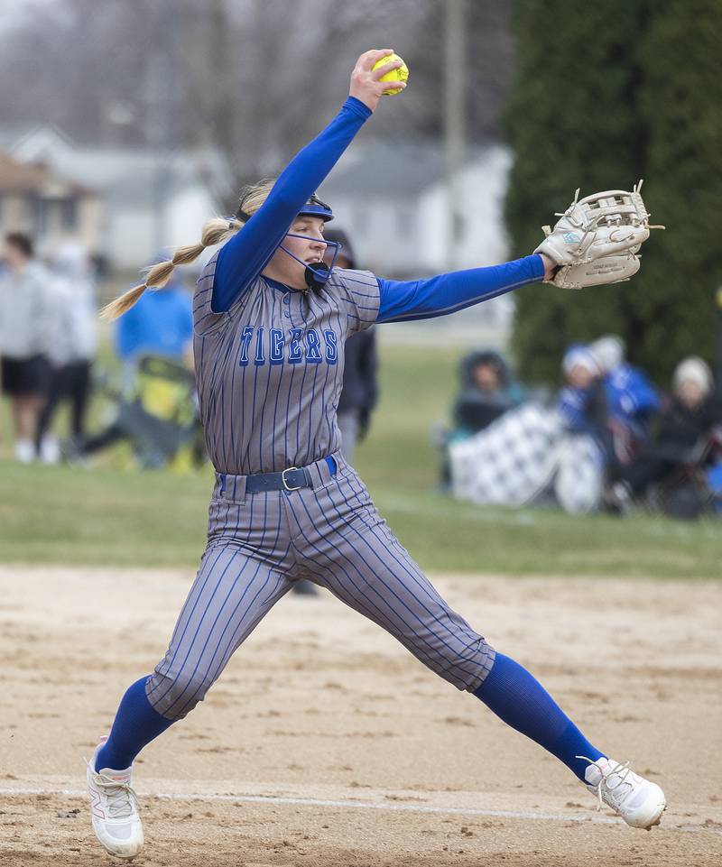 Princeton’s Reese Reuigilo fires a pitch against Rock Falls Thursday, March 27, 2025.
