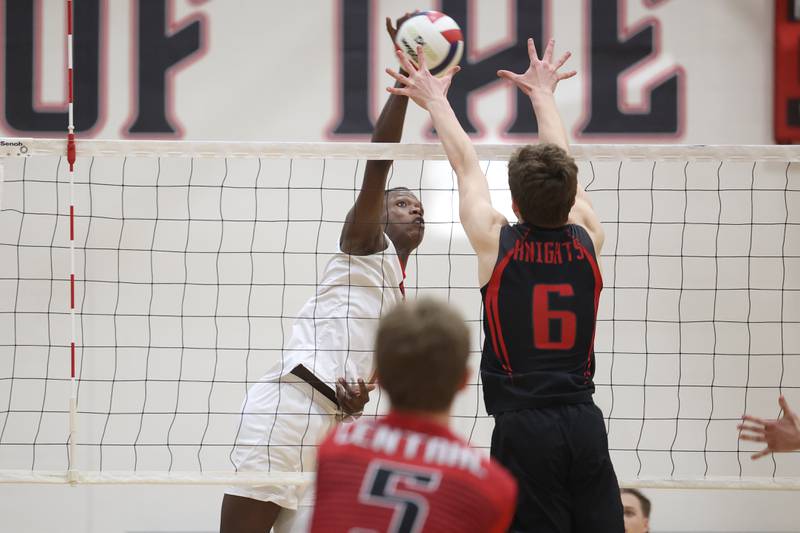 Bolingbrook’s Tristan Benbow hits a shot against Lincoln-Way Central on Tuesday May 7, 2024 in New Lenox.