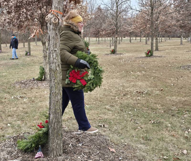 Volunteers lay wreaths Saturday, Dec. 14, 2024, at the Illinois Fallen Soldiers Tree Memorial during Wreaths Across America. The Rev. Pastor Colleen Lawrence looks for a tree to place a wreath.