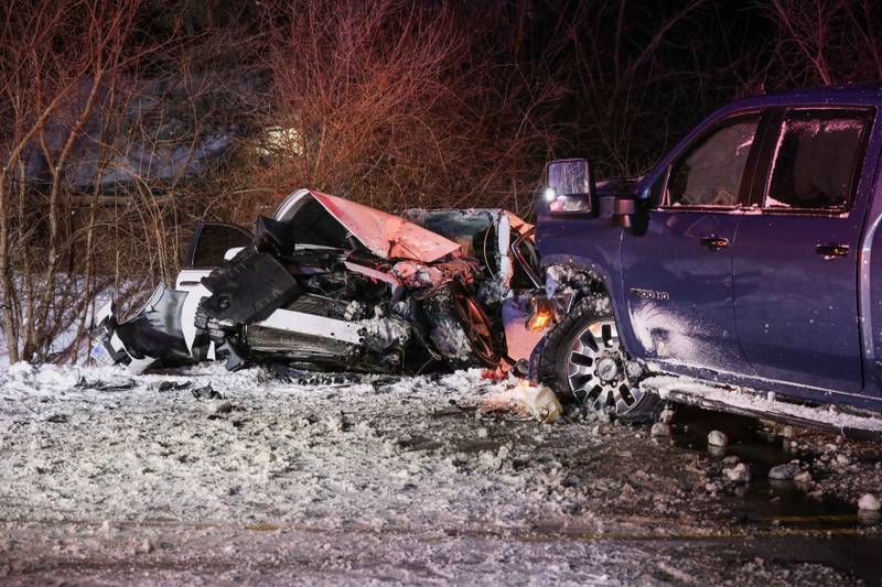 Two people were hospitalized following a crash near Harvard Feb. 14, 2025.
