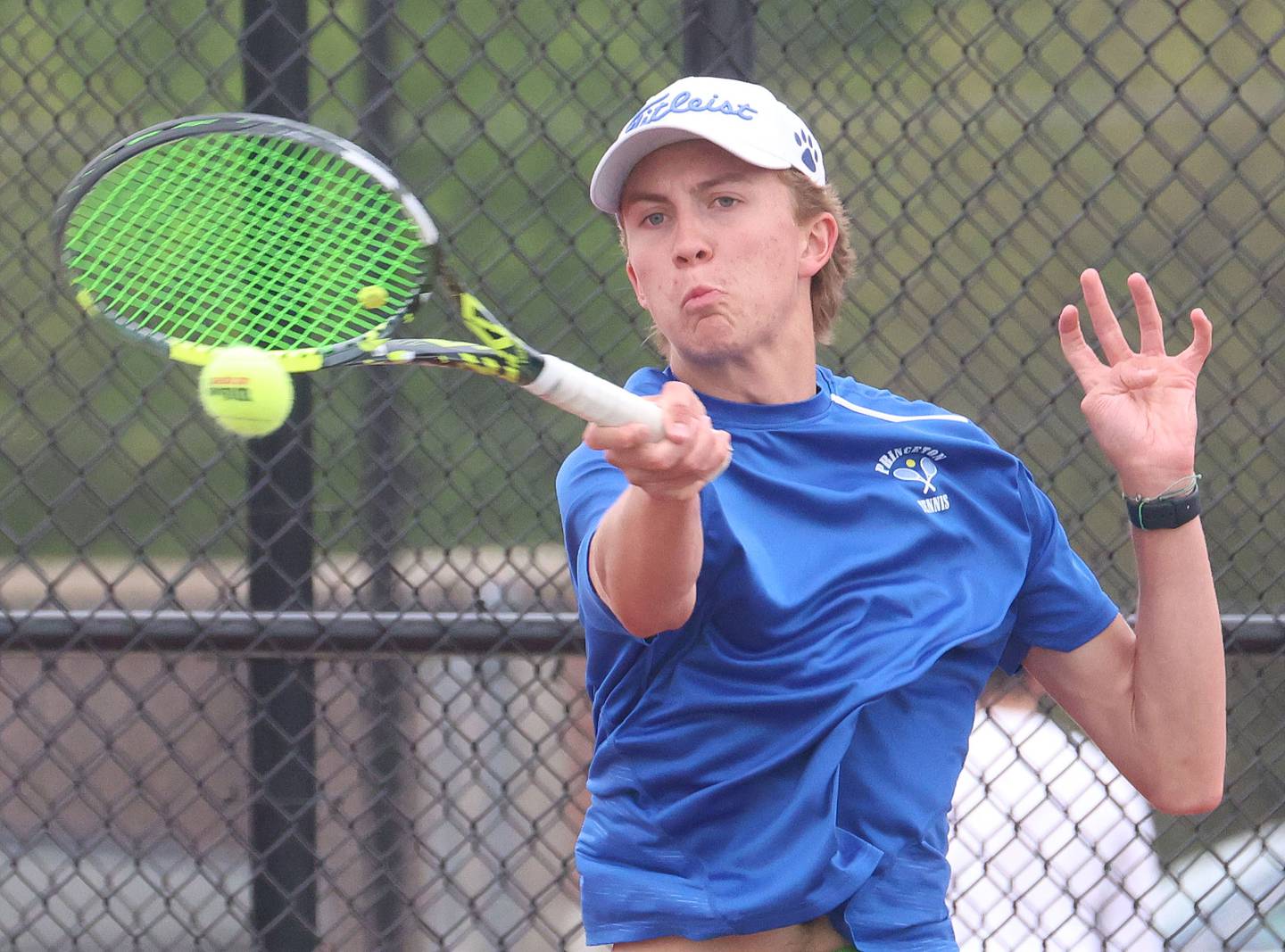 Princeton's Jackson Mason returns a serve during the Class 1A Sectional tennis meet on Friday, May 22, 2026 at the La Salle-Peru Township High School Athletic Complex in La Salle.