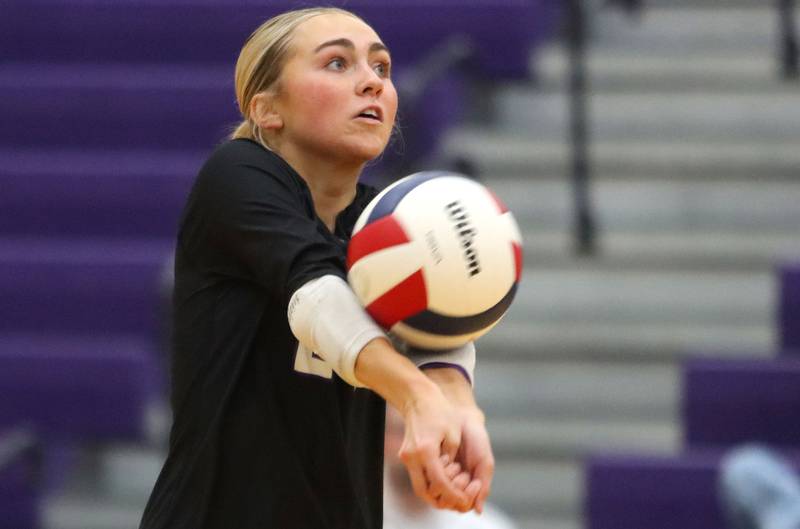 Hampshire’s Peyton Wurtz plays the ball against Libertyville in an IHSA volleyball Class 4A Sectional Championship at Hampshire High School in Hampshire on Thursday, November 6, 2025.