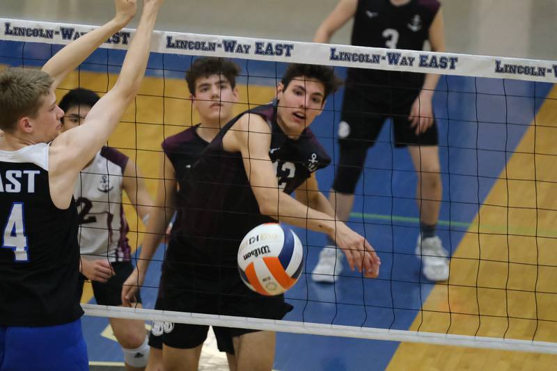 Lockport’s Braeden Goebbert powers a shot against Lincoln-Way East in the Lincoln-Way East Tournament 3rd place match. Saturday, April 30, 2022, in Frankfort.