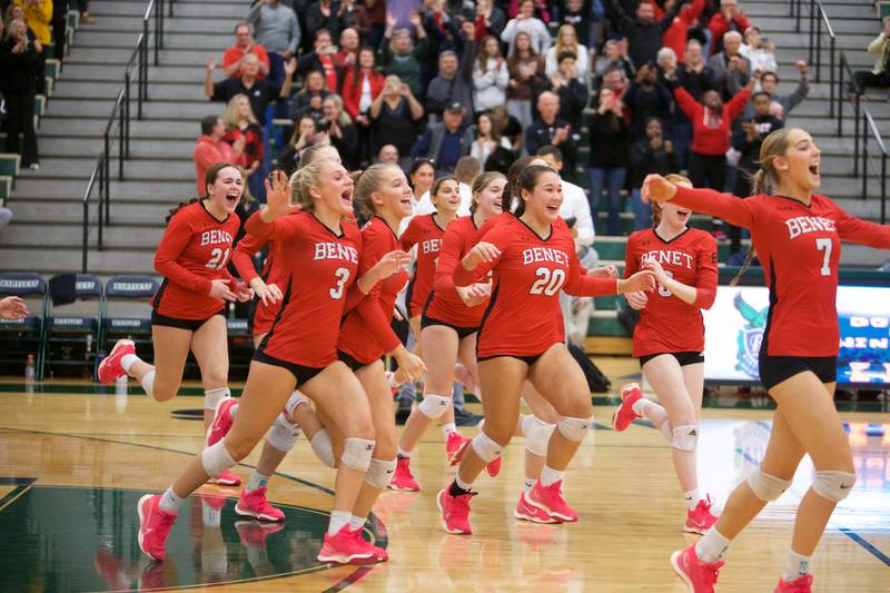 Benet celebrates win over New Trier at the Class 4A Super Sectional Final on Friday, Nov.3,2023 in Bartlett.