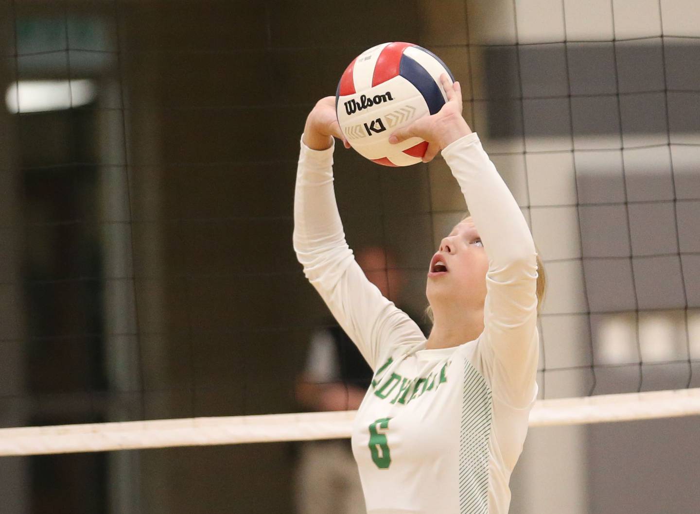 Seneca's Graysen Provance sets the ball in the air whkle playing Marquette on Thursday, Sept. 19, 2024 at Seneca High School.
