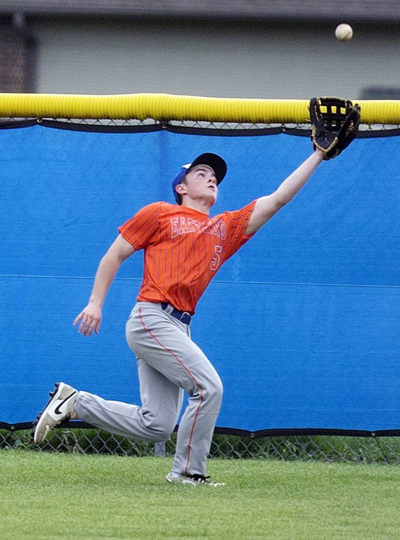 Eastland’s Dorian Meyers goes back deep to haul in a fly ball against Newman Wednesday, April 15, 2026.