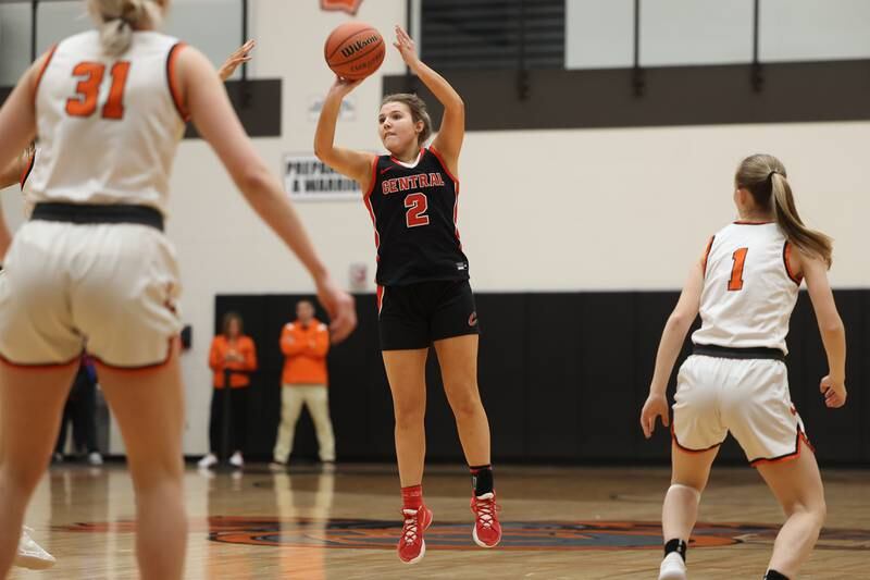 Lincoln-Way Central’s Gracen Gehrke takes the deep shot against Lincoln-Way West on Tuesday, February 7th..