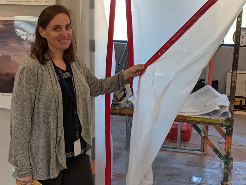 Oswego Library assistant director Krista Katzen shows the work being done to create study rooms on the second floor of the Oswego Library campus in downtown Oswego.