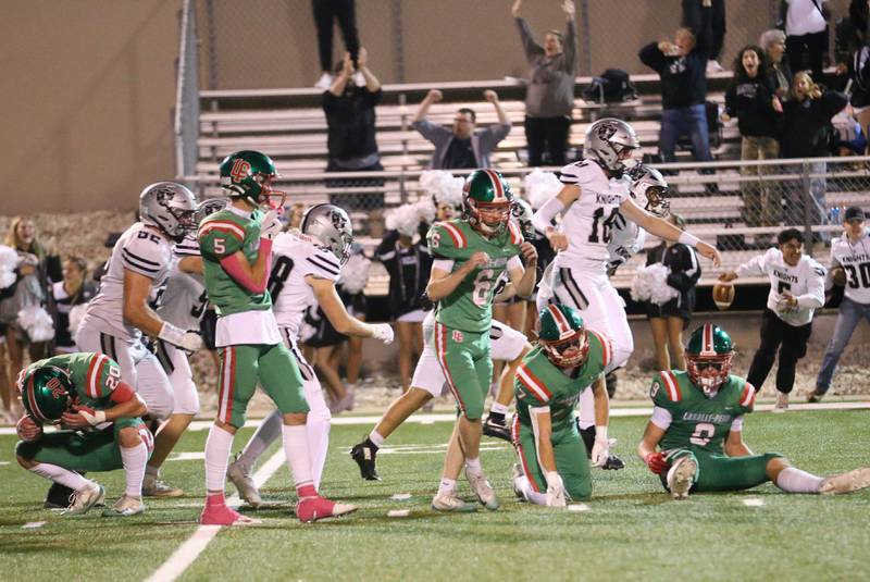 Members of the Kaneland football team react after defeating L-P on Friday, Oct. 17, 2025 at Howard Fellows Stadium.