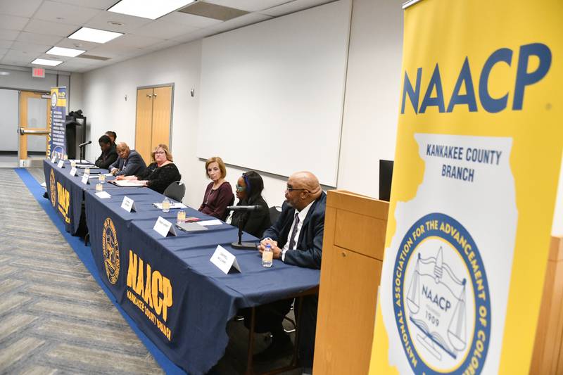 Candidates for the Kankakee School District 111 School Board participate in the Kankakee County NAACP Candidates Forum on Tuesday, March 4, 2025, at Kankakee Community College.